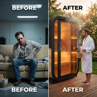 1-2 Person Outdoor Traditional Steam Sauna, Weatherproof Square Sauna Cabin with Black Trim, Natural Spruce Wood Sauna Room, LED Strip & Panoramic Glass Door, for Backyard Garden Home Spa, Relaxation — Before & After