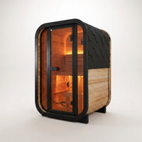 1-2 Person Outdoor Traditional Steam Sauna, Weatherproof Square Sauna Cabin with Black Trim, Natural Spruce Wood Sauna Room, LED Strip & Panoramic Glass Door, for Backyard Garden Home Spa, Relaxation — Studio Shot