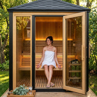 1-2 Person Outdoor Traditional Steam Sauna, Weatherproof Square Sauna Cabin with Black Trim, Natural Spruce Wood Sauna Room, LED Strip & Panoramic Glass Door, for Backyard Garden Home Spa, Relaxation — Lifestyle