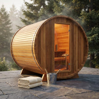 Outdoor Traditional Sauna, 4-6 Person Wooden Sauna, Steam Wet Wood Sauna with 220V with 6KW Heater, Sauna Stone, Thermometer — Studio Shot