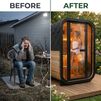 Outdoor Traditional Sauna Built for Relaxation, Natural Spruce Wood, LED Lighting, Panoramic Glass Door — Before & After