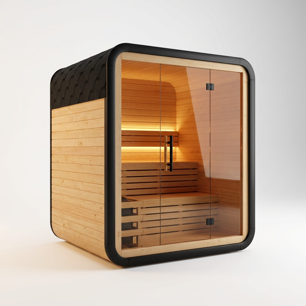 Outdoor Traditional Sauna Built for Relaxation, Natural Spruce Wood, LED Lighting, Panoramic Glass Door — Studio Shot