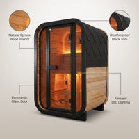 Outdoor Traditional Sauna Built for Relaxation, Natural Spruce Wood, LED Lighting, Panoramic Glass Door — infographic