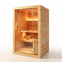 Steam Sauna, 2-4 Person Traditional Indoor Sauna with 3KW/240V Stove Heater | Chilean Pine Wood Sauna Room with Wooden Barrel and Spoon, Sauna Stone, Hygrometer, Cup Holder, LED Lighting, Speaker — Studio Shot