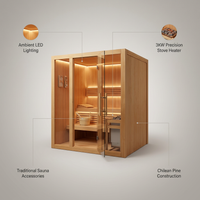 Steam Sauna, 2-4 Person Traditional Indoor Sauna with 3KW/240V Stove Heater | Chilean Pine Wood Sauna Room with Wooden Barrel and Spoon, Sauna Stone, Hygrometer, Cup Holder, LED Lighting, Speaker — infographic