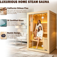 Steam Sauna, 2-4 Person Traditional Indoor Sauna with 3KW/240V Stove Heater | Chilean Pine Wood Sauna Room with Wooden Barrel and Spoon, Sauna Stone, Hygrometer, Cup Holder, LED Lighting, Speaker